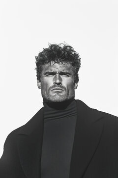 Fashion magazine concept. Portrait of handsome male model wearing black designer clothing. Deep shadows. Low angle. Text space. Studio shot