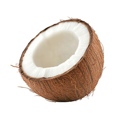 A fresh, halved coconut with fluffy white flesh, perfect for tropical recipes and exotic decor. transparent background
