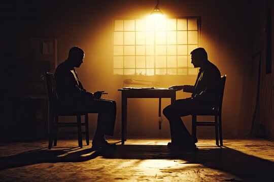 In the Shadows of Truth: A Detective Grills a Suspect in a Dimly Lit Room, Their Silhouettes Cast Long Shadows Across the Floor, Whispering of Secrets Untold.