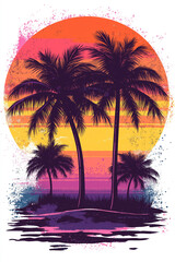 beach with palm trees by the ocean at sunset, yellow, red, pink and purple colors, generative AI