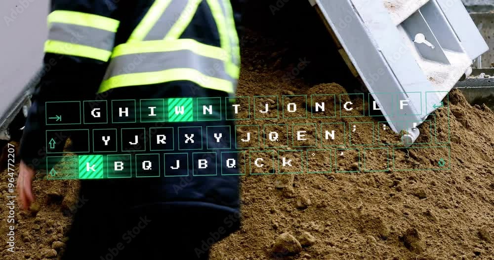 Poster animation of data processing over digger and builder at construction site