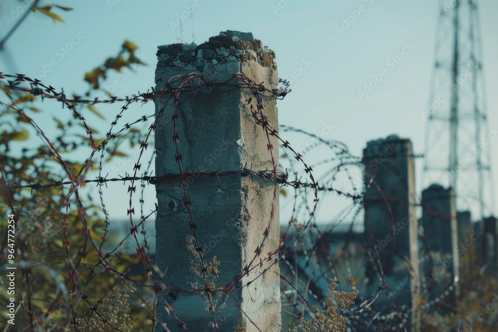Aufkleber A barbed wire fence with a building visible in the background