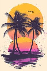 beach with palm trees by the ocean at sunset, yellow, red, pink and purple colors, generative AI
