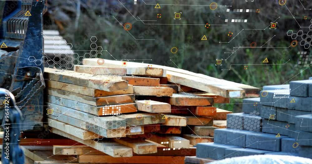 Poster animation of data processing over wood and bricks building materials