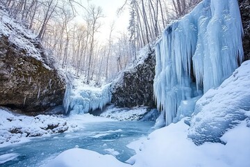 Fototapeta premium A Frozen Waterfall: Where Winter's Magic Takes Hold