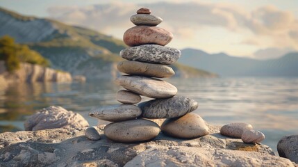 A pile of rocks sits atop a rocky beach, perfect for a serene and peaceful environment