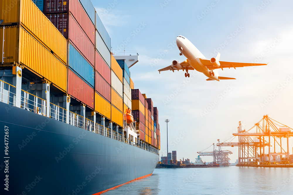 Poster cargo ship loading containers at export-import dock with airplane flying overhead | global trade and