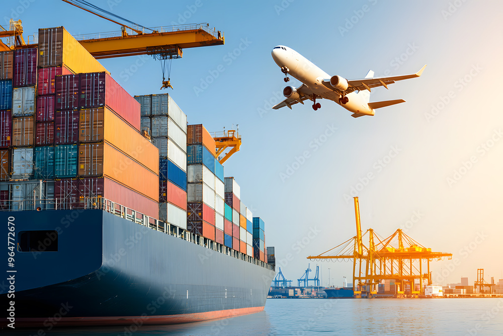 Poster cargo ship loading containers at export-import dock with airplane flying overhead | global trade and