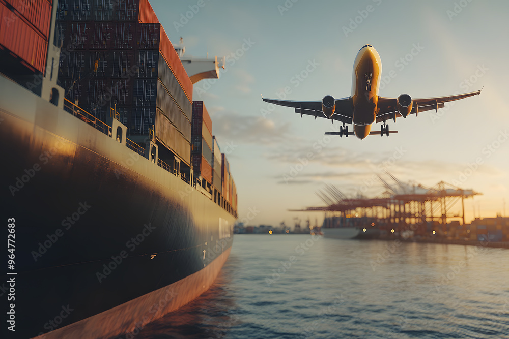 Poster cargo ship loading containers at export-import dock with airplane flying overhead | global trade and