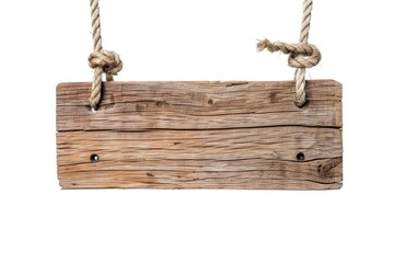 A rustic wooden sign hangs from a rope, perfect for outdoor or rustic-themed settings