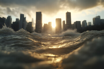 Cataclysmic Scene of a Modern City's Skyscrapers Engulfed by a Tsunami | Natural Disaster and Urban Devastation