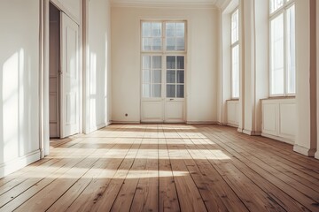 Bright, spacious interior with wooden floors and natural sunlight streaming in. Generative AI