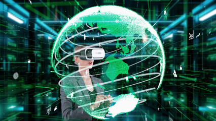 Woman selecting data dynamic market rotating green world distributing analysis by VR future global innovation interface digital infographic network technology virtual hologram animation. Contraption.