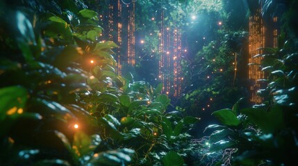 Fototapeta premium Lush Futuristic Garden with Glowing Digital Elements