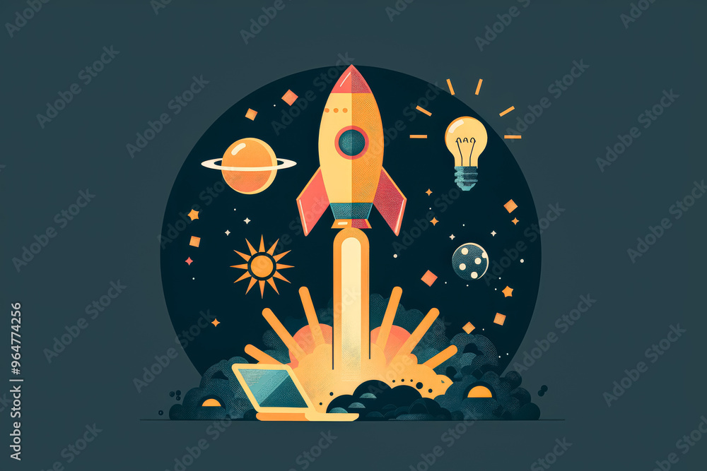 Poster a white rocket is on a graph with many different colored bars. the rocket is orange and yellow and i