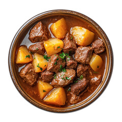 A bowl with beef stew with potatoes isolated on a transparent background. PNG file.