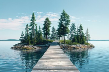 A small wooden dock leads to a peaceful island in the midst of a serene lake, perfect for a quiet getaway or romantic escape