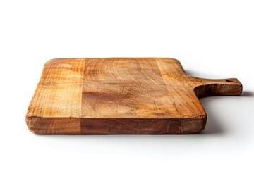Fototapeta premium A simple wooden cutting board placed on a clean white surface, ideal for food preparation and presentation