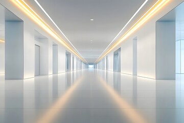 Fototapeta premium Long, modern hallway with sleek design and bright lighting in a contemporary building. Generative AI