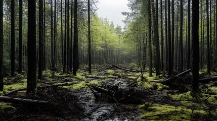 Obraz premium A misty forest path leads through tall trees, with fallen branches and mossy ground.