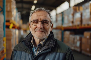 Fototapeta premium A person wearing glasses stands in a warehouse setting