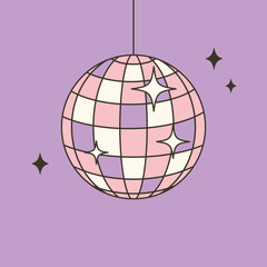 Disco ball on violet background. Retro style vector illustration for vintage party themes, dance events, and festive design projects