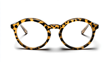 Round, leopard-print glasses are shown on a white background. They look like glasses you might wear for work or the office.