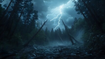 A lightning strike illuminates a dark and moody forest.