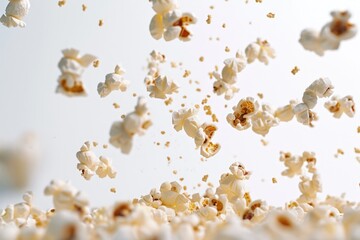 A bunch of popcorn flying through the air, great for adding movement and texture to your image or video