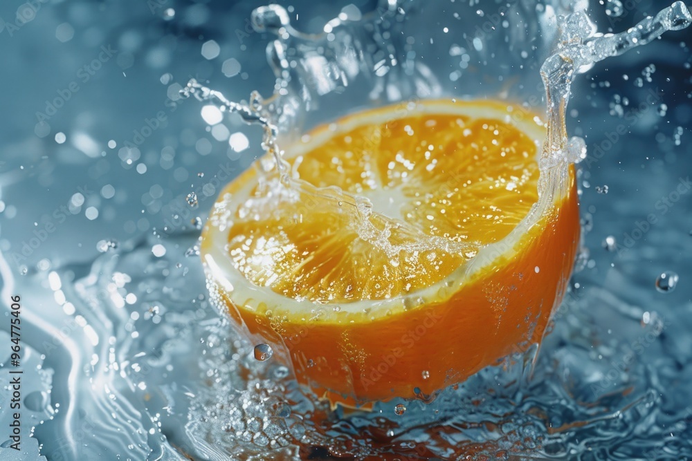 Poster a slice of orange dropping into the water with rippling effects
