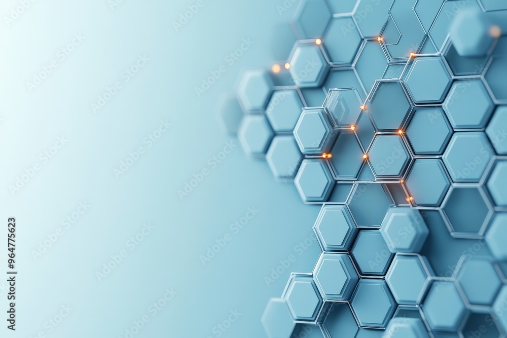 Poster abstract image featuring an arrangement of hexagonal shapes with glowing elements and circuits repre