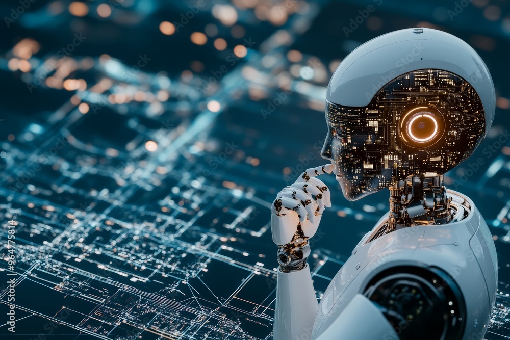 Poster a high-tech robot in a thoughtful pose amidst a backdrop of digital circuits, representing advanced 