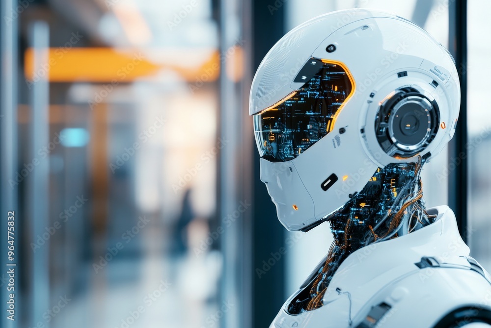 Poster an advanced humanoid robot with visible internal circuitry standing in a modern interior, representi