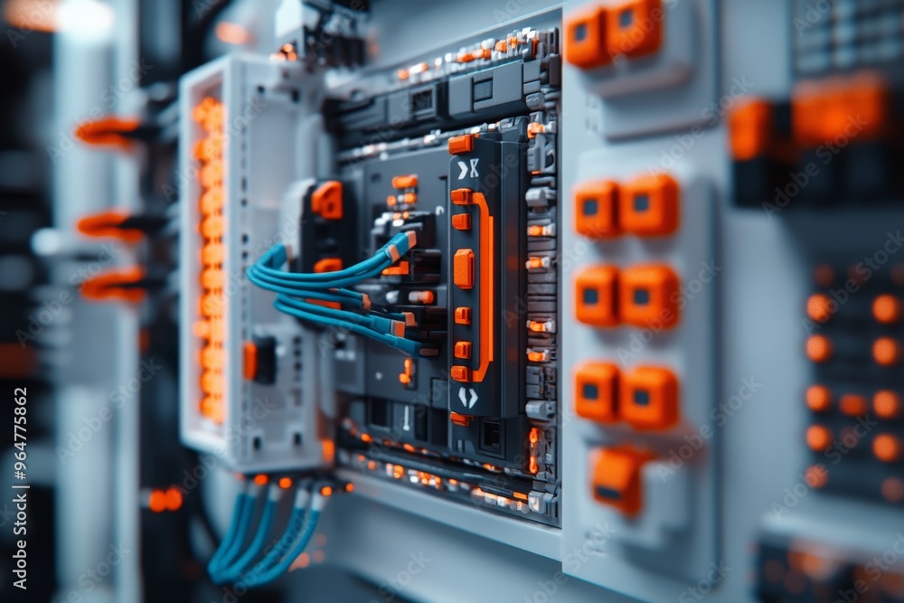 Poster a detailed close-up view of data cables linked to a modern motherboard, emphasizing cutting-edge tec