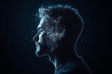 Obraz premium Side profile of a person with glowing particles and lines emanating from their head, symbolizing artificial intelligence, neural networks, and advanced technology.