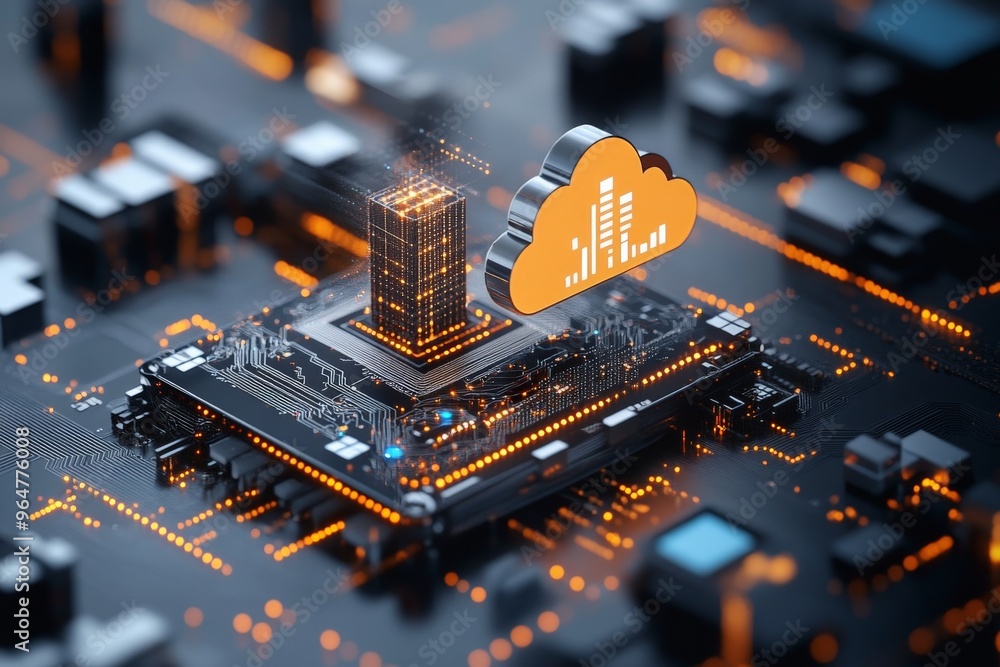 Poster a futuristic image depicting cloud data storage represented by a glowing cloud icon hovering over a 