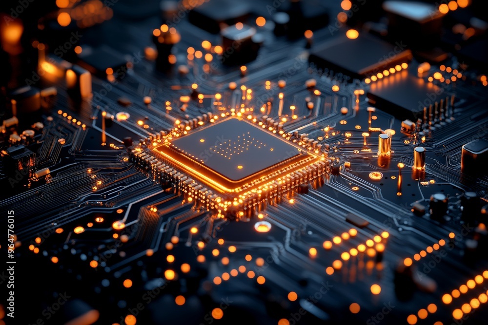 Poster a microchip is emitting a vibrant orange glow, surrounded by intricate circuits. this image symboliz