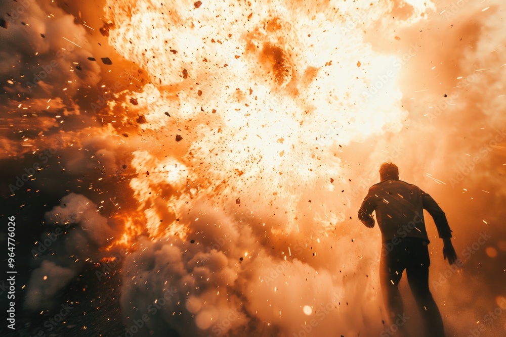 Canvas Prints A person standing near a massive explosion scene