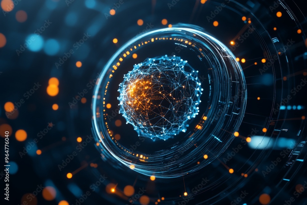Poster a compelling digital image featuring a network sphere with intensely bright interconnected nodes, si