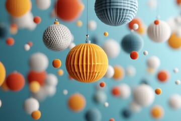 A lively display of various sized and colored paper ornaments hanging against a blue background, showcasing a vibrant and festive arrangement full of texture and color.