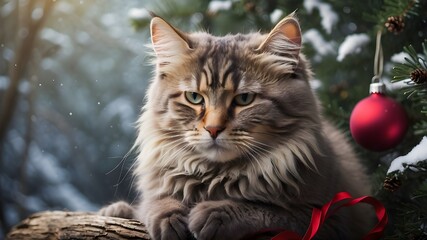 Fototapeta premium cat with a Christmas background in a winter woodland