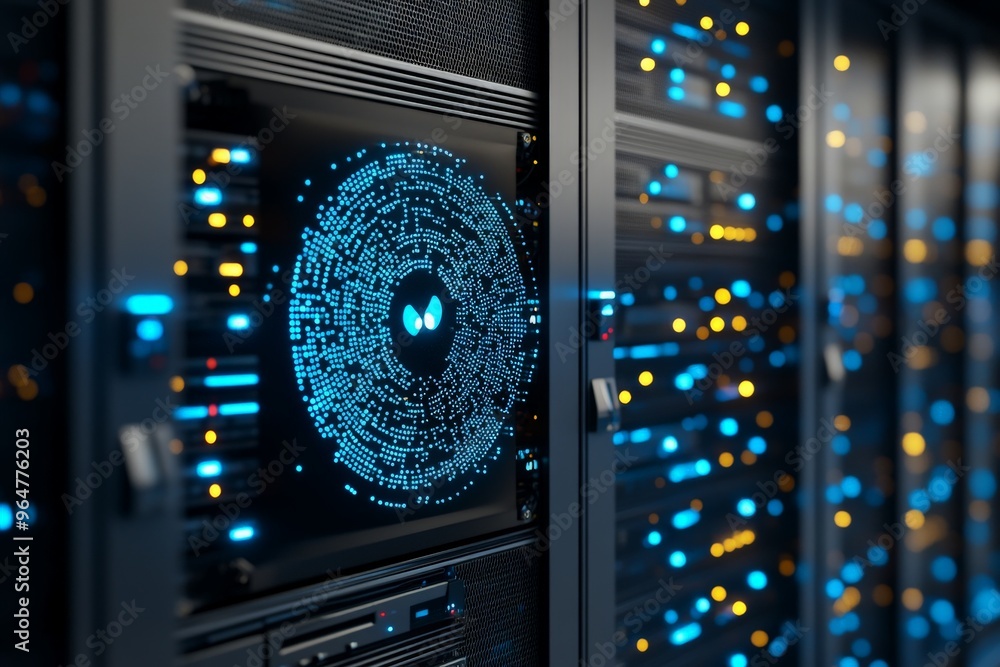 Poster a futuristic data center environment with servers featuring glowing digital circuit patterns, repres