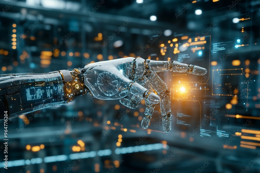 Poster A robotic hand reaches out to interact with a virtual digital interface, symbolizing the synergy between human capability and artificial intelligence in a tech-driven world.