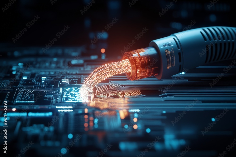 Poster detailed close-up of a fiber optic cable connecting to a circuit board, showcasing the intricate and