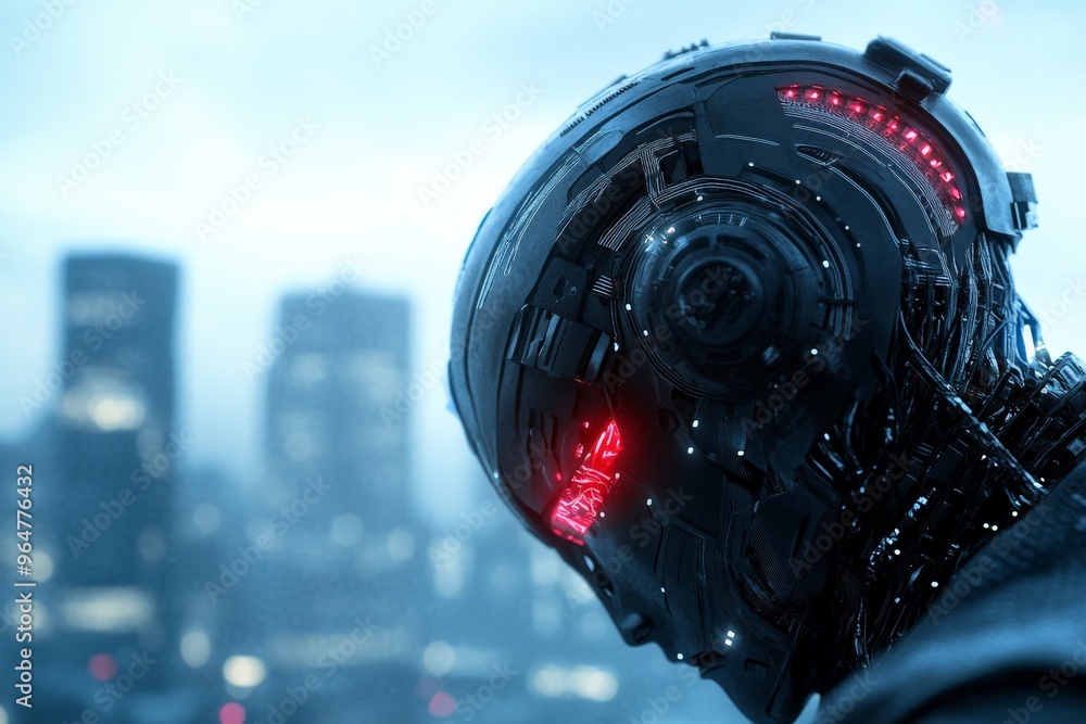 Poster an advanced humanoid robot with glowing red eyes is pictured in a futuristic cityscape, representing