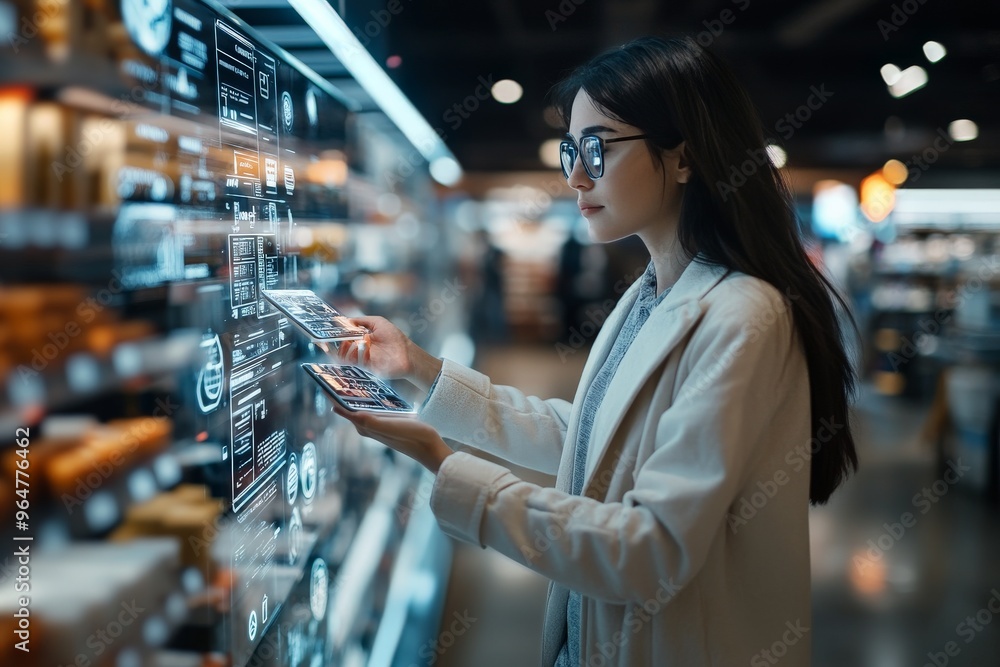 Poster a woman interacts with a transparent touchscreen interface in a high-tech environment. the image sho