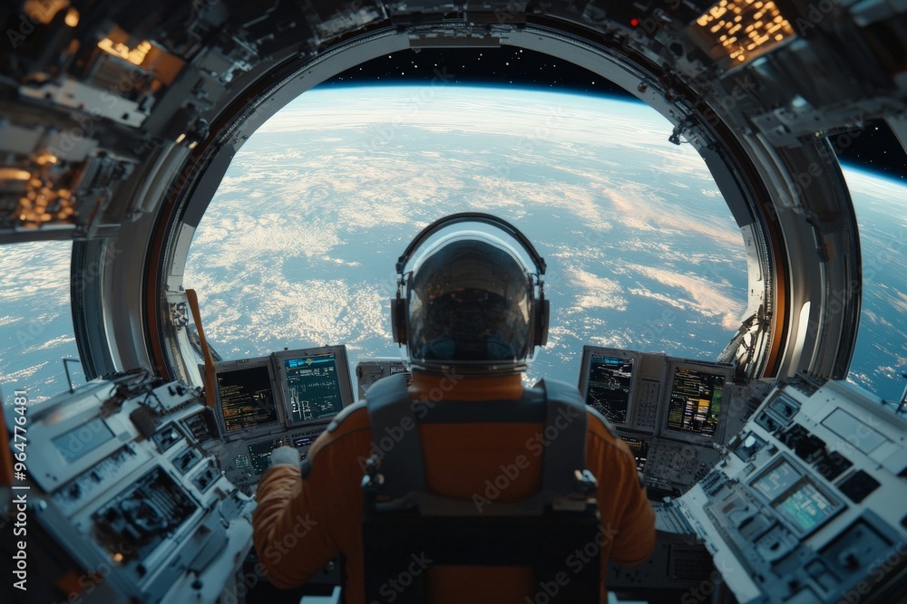 Poster an astronaut in a space shuttle gazing at planet earth through a window. the image captures explorat