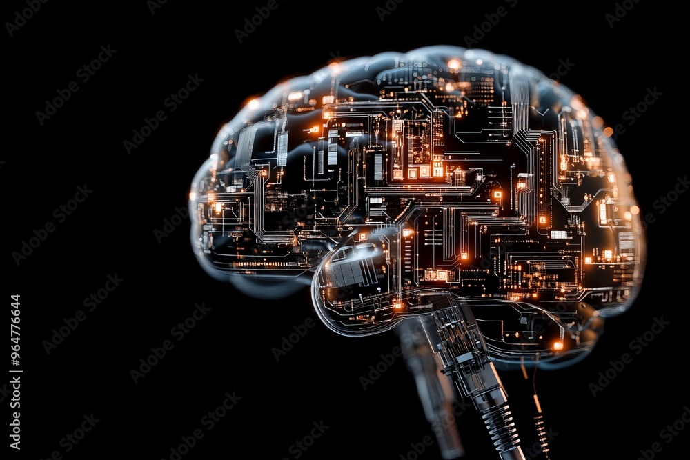 Poster a digital rendering of a human brain integrated with electronic circuits showcasing the fusion of te