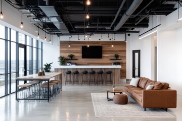 A bright modern office featuring an open space layout, minimalist design, large windows, and stylish furnishings, exemplifying contemporary work environments.