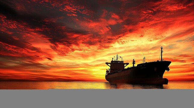   A large boat floats atop a watery expanse beneath a reddish-yellow sky, dotted with fluffy clouds